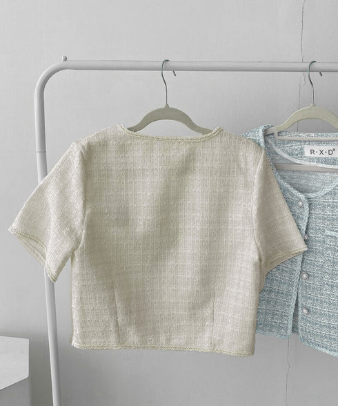 ツイード風ジャケットノーカラージャケット レディース パールボタン オフィス夏服 ショート丈アウター フォーマル カーディガン きれいめ羽織り サマージャケット夏 86SSJL-022